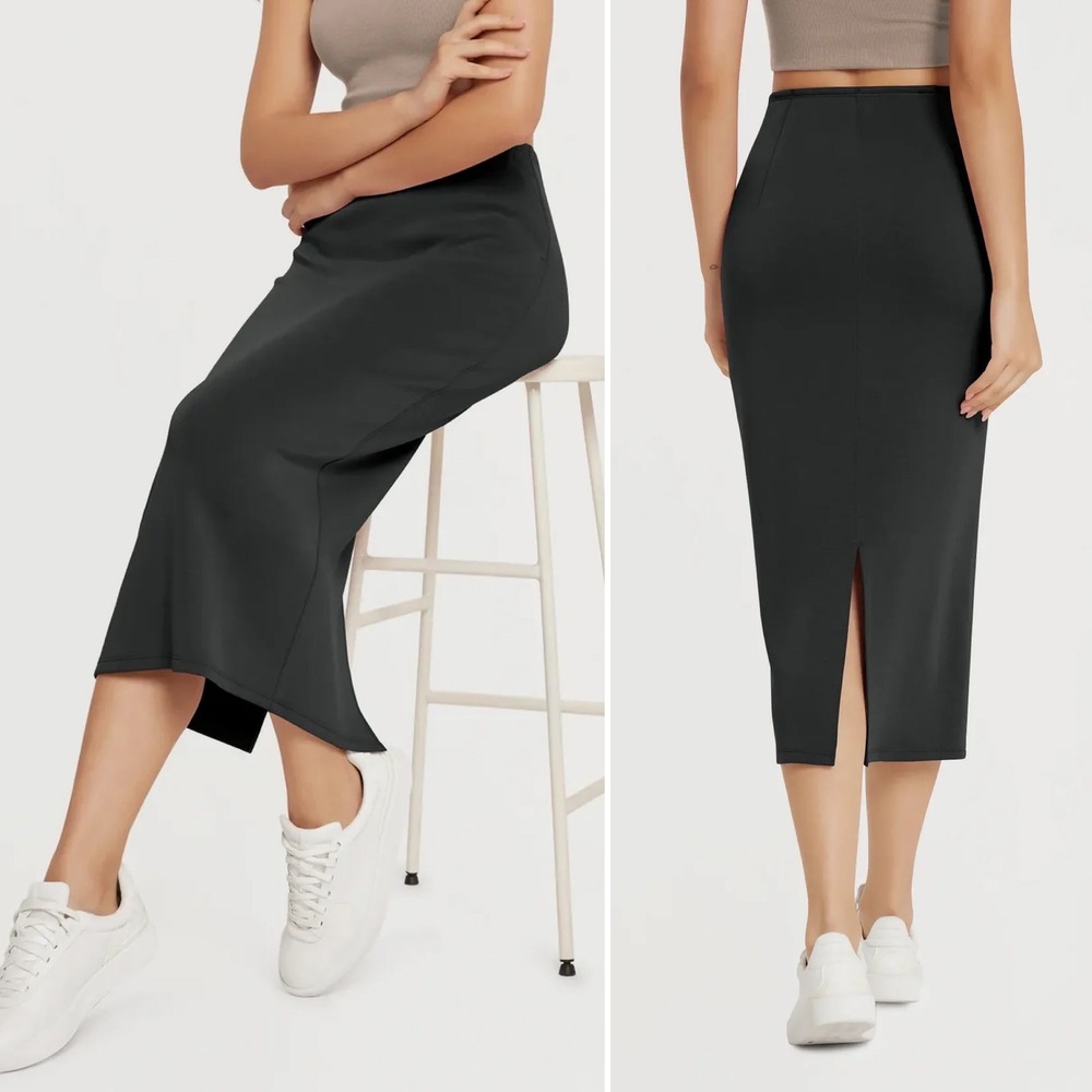 Ododos Black Modal Blend Midi Skirt Elastic Waist Back slit XS